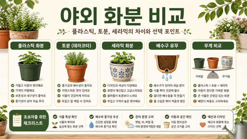 야외 화분 고르는 방법: 플라스틱, 토분, 세라믹 차이