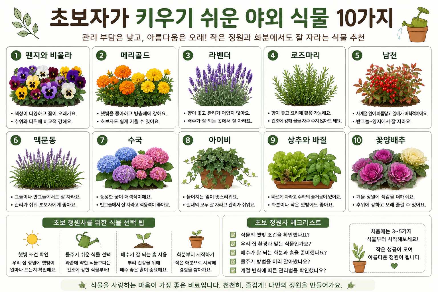 키우기 쉬운 야외 식물 대표 이미지와 초보 정원 관리 기준