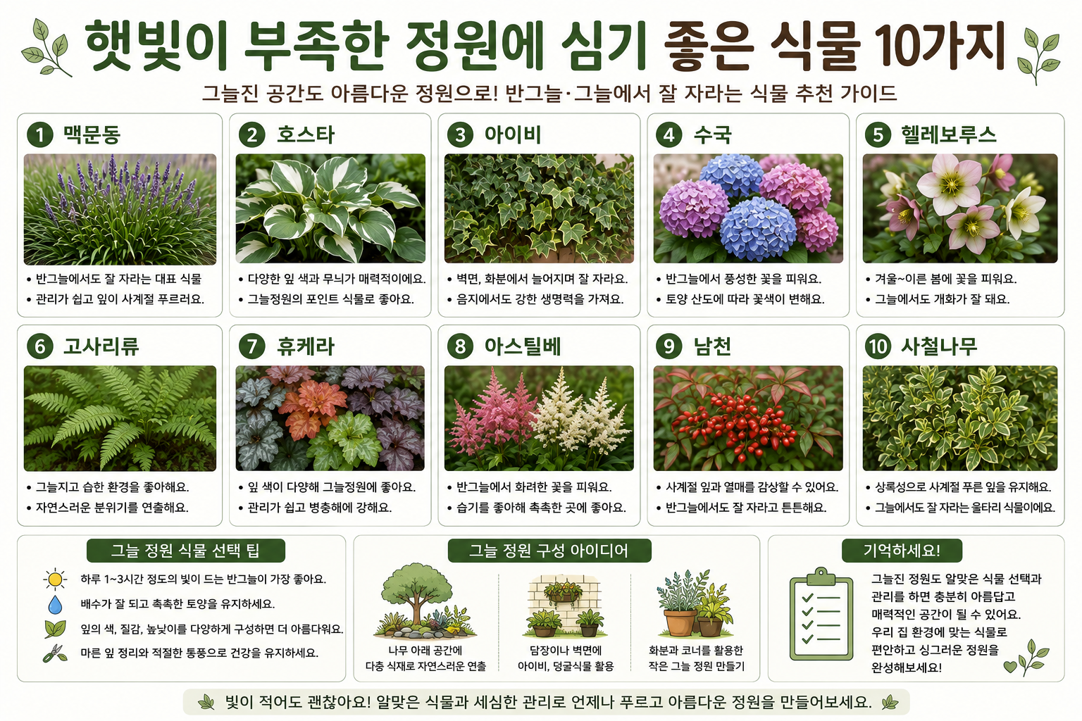 햇빛 부족한 정원 식물 대표 이미지와 초보 정원 관리 기준