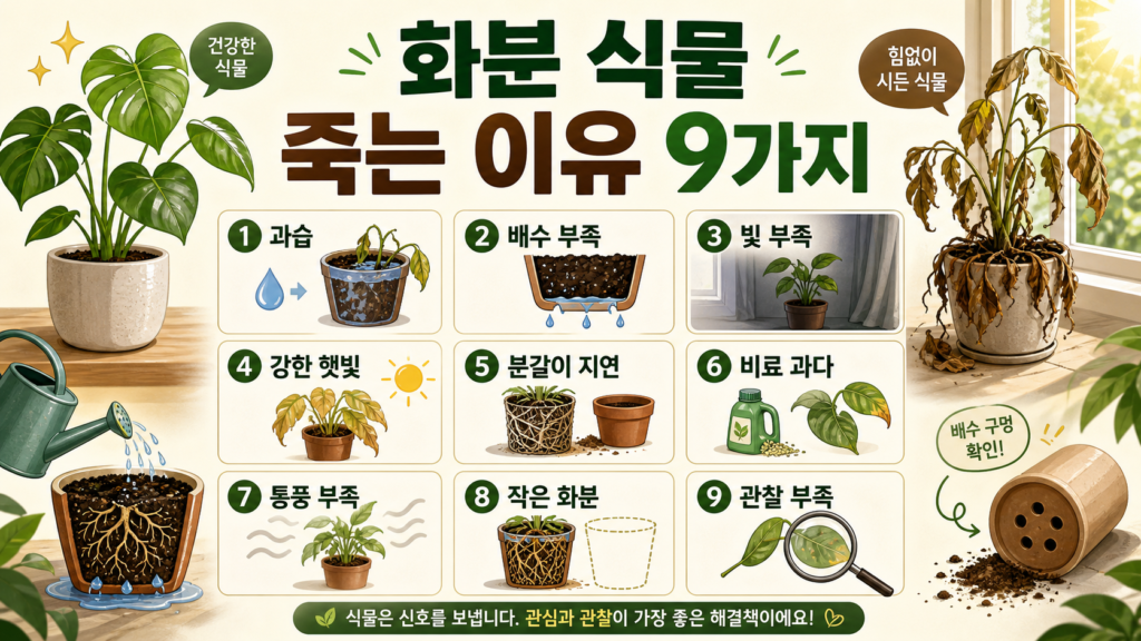 화분 식물 죽는 이유을 실제 작은 정원과 화분 관리에 적용할 때 확인해야 할 핵심 기준을 정리한 대표 이미지입니다.