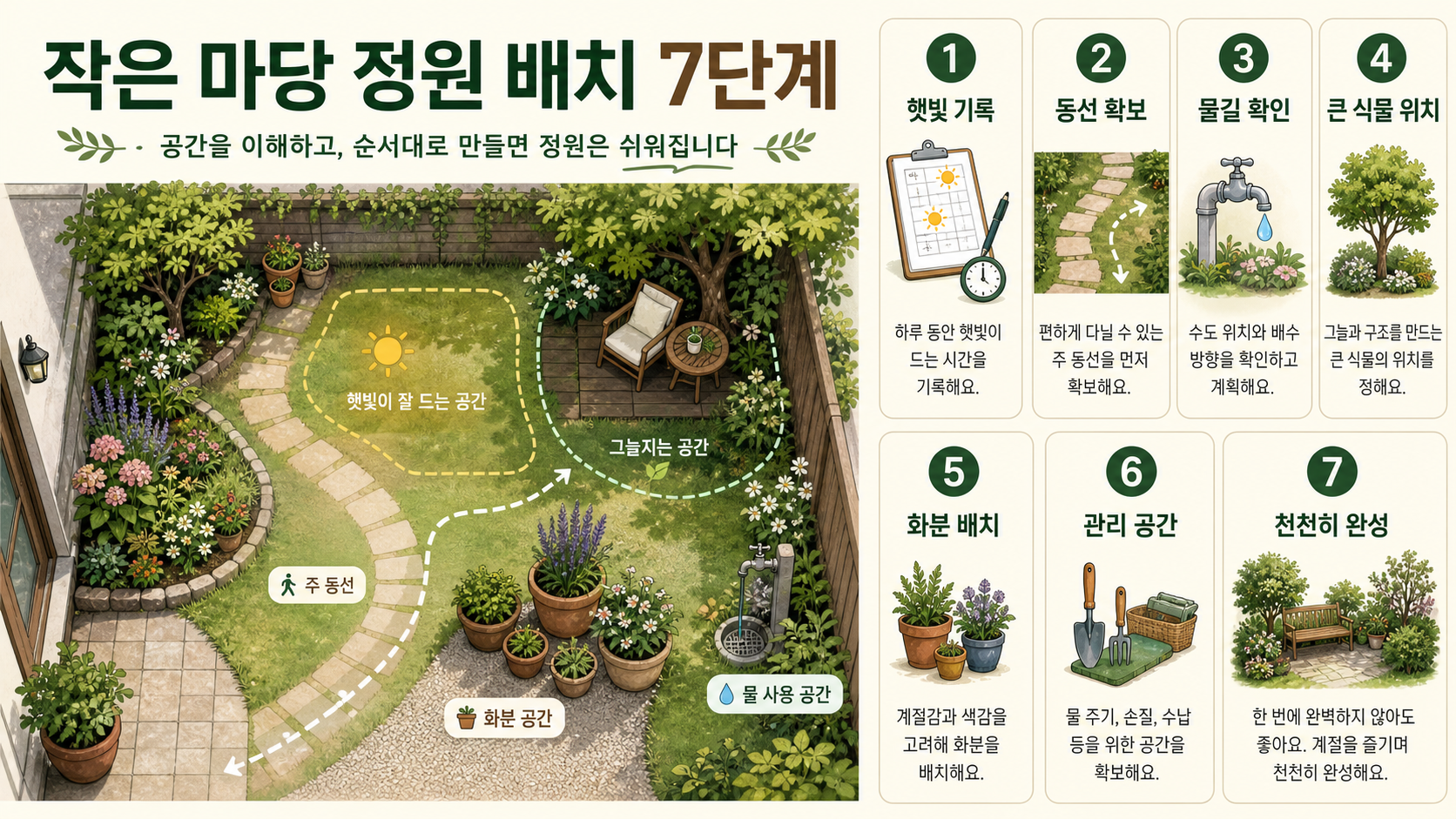 작은 마당 정원 배치 7단계와 초보자 정원 설계 순서