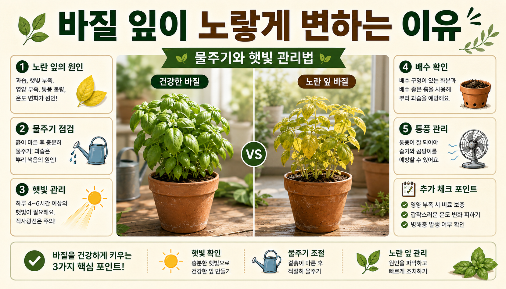 바질 화분의 노란 잎 원인을 물주기와 햇빛 기준으로 확인하는 일러스트