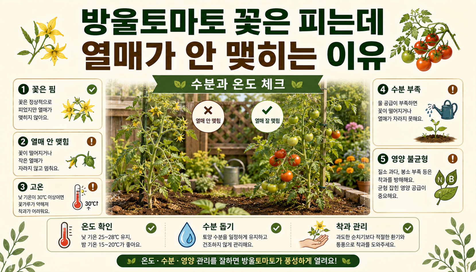 방울토마토 꽃과 열매가 맺히지 않는 원인을 온도와 수분 기준으로 설명하는 일러스트