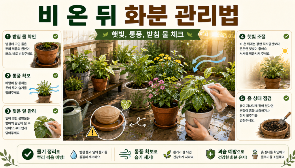 비 온 뒤 야외 화분의 받침 물과 젖은 잎을 점검하는 체크리스트 일러스트