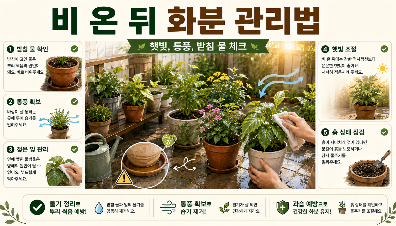 비 온 뒤 야외 화분의 받침 물과 젖은 잎을 점검하는 체크리스트 일러스트