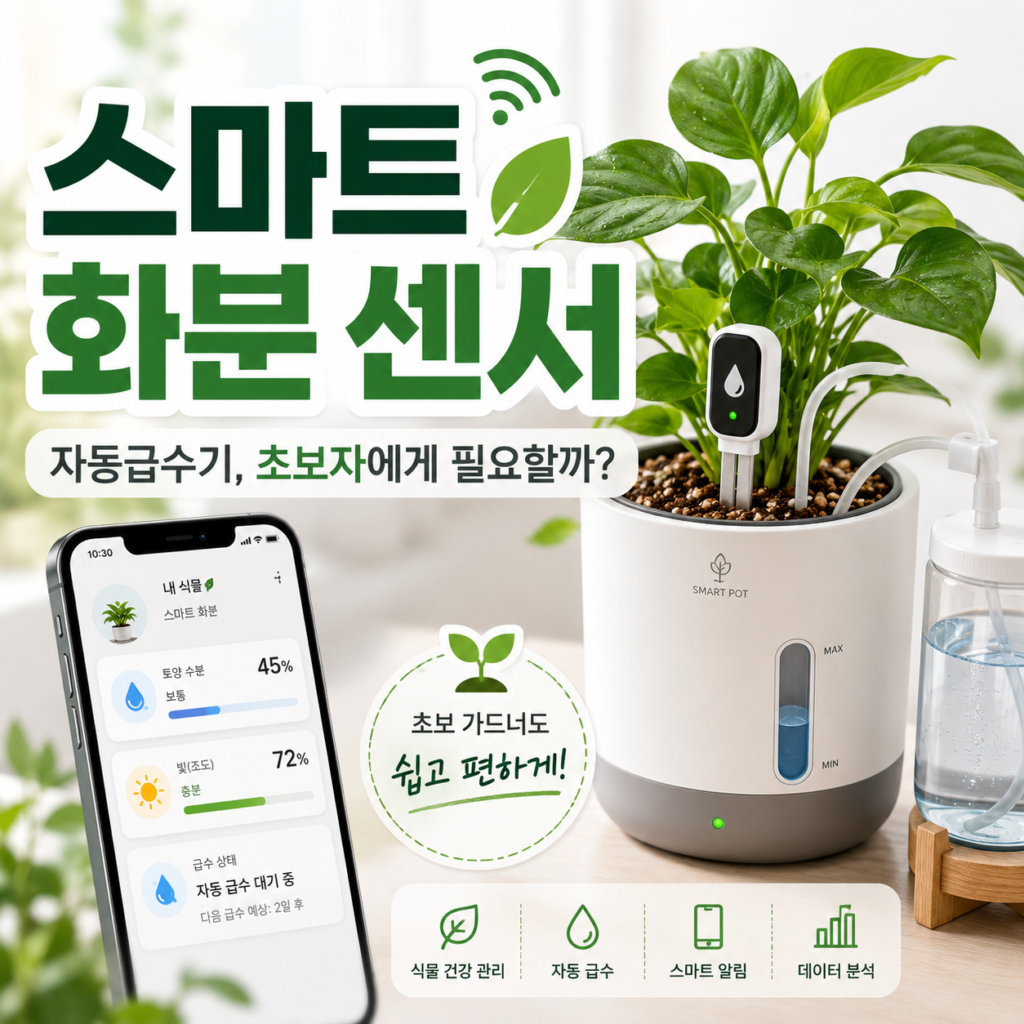 스마트 화분 센서와 자동급수기를 이용해 화분 흙 상태를 확인하는 모습