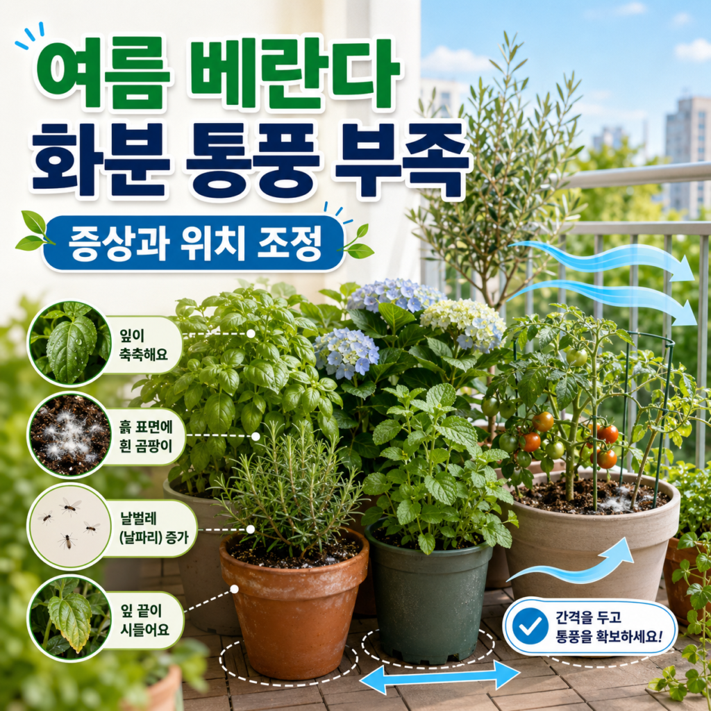 여름 베란다에서 화분 사이 간격과 통풍 상태를 확인하는 모습