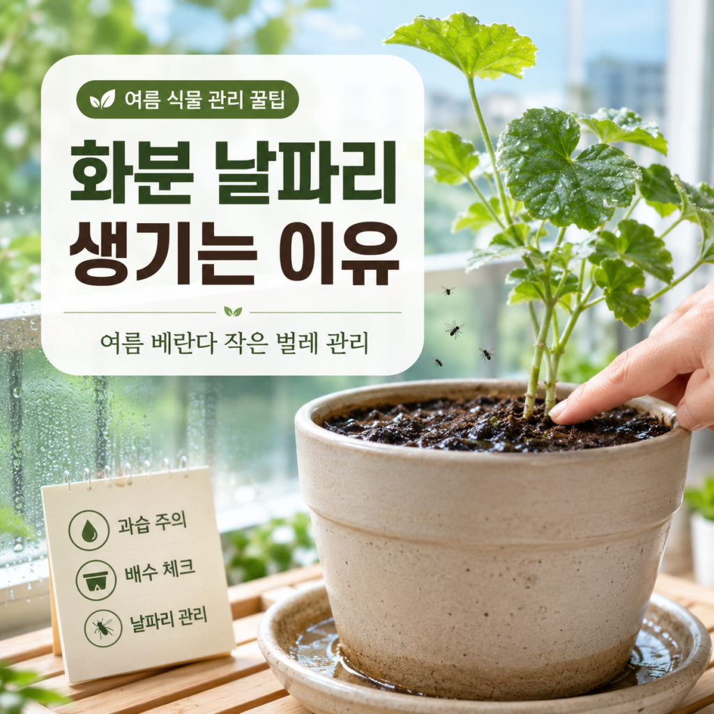 여름 베란다 화분 주변에 작은 날파리가 생긴 원인을 확인하는 모습