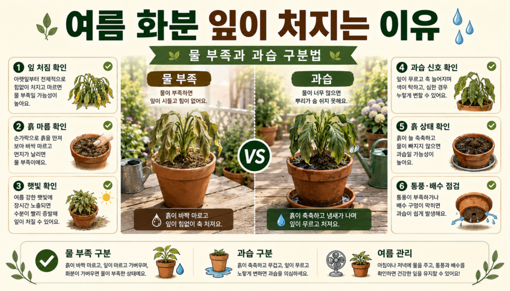 여름철 화분 잎 처짐을 물 부족과 과습으로 구분하는 체크리스트 일러스트