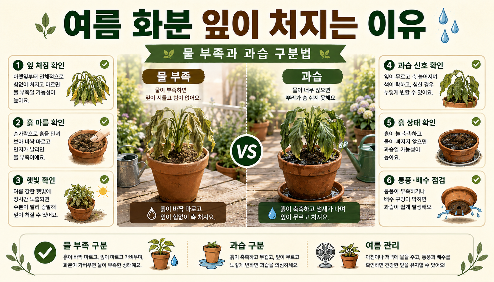여름철 화분 잎 처짐을 물 부족과 과습으로 구분하는 체크리스트 일러스트