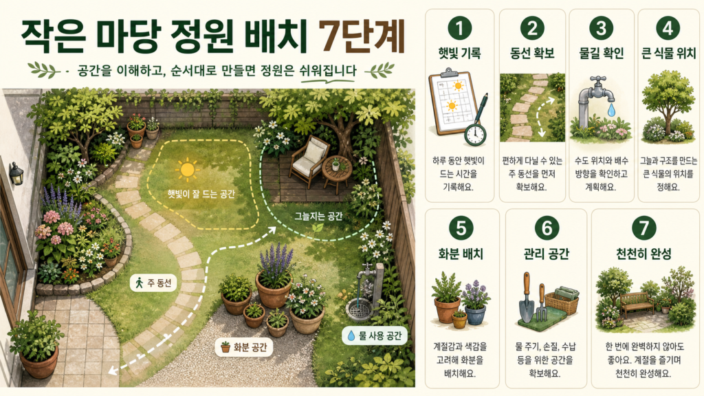작은 마당 정원을 처음 만들 때 햇빛, 동선, 물길, 식물 위치를 순서대로 정리한 이미지입니다.