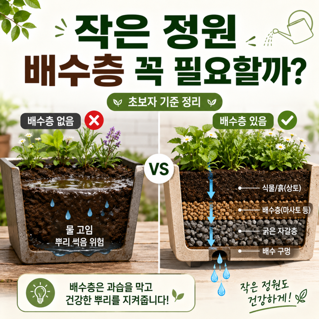 작은 정원과 화분의 배수층 구조를 비교하는 모습 대표 이미지