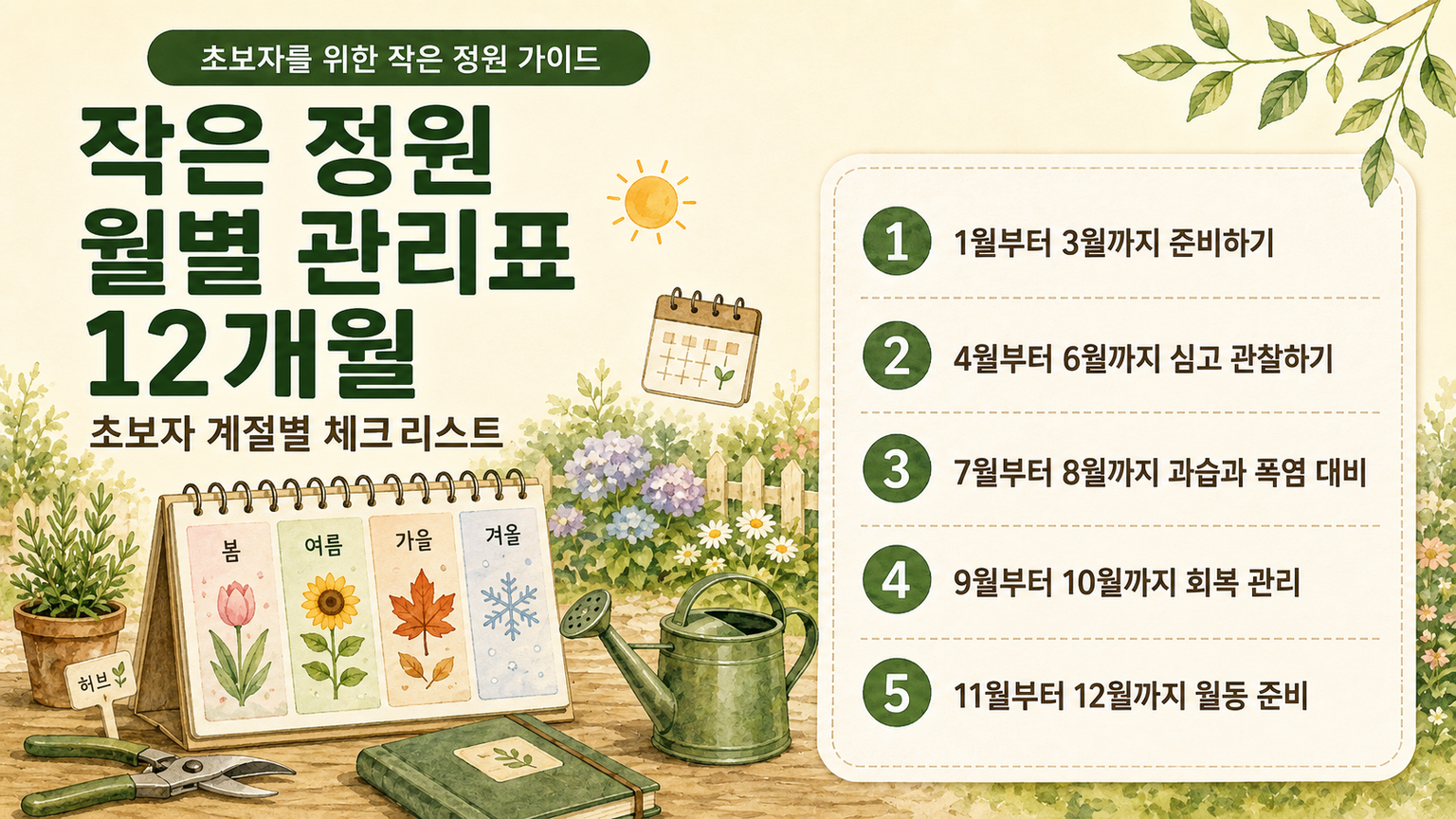작은 정원 월별 관리표와 계절별 체크리스트를 보여주는 정원 일러스트