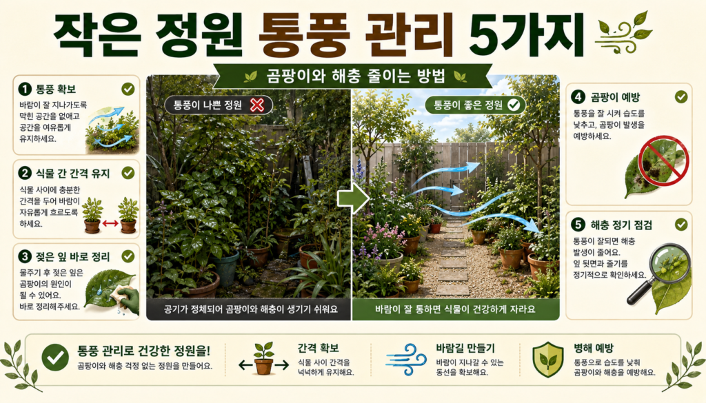 작은 정원에서 화분 간격과 가지 정리로 통풍을 확보하는 일러스트