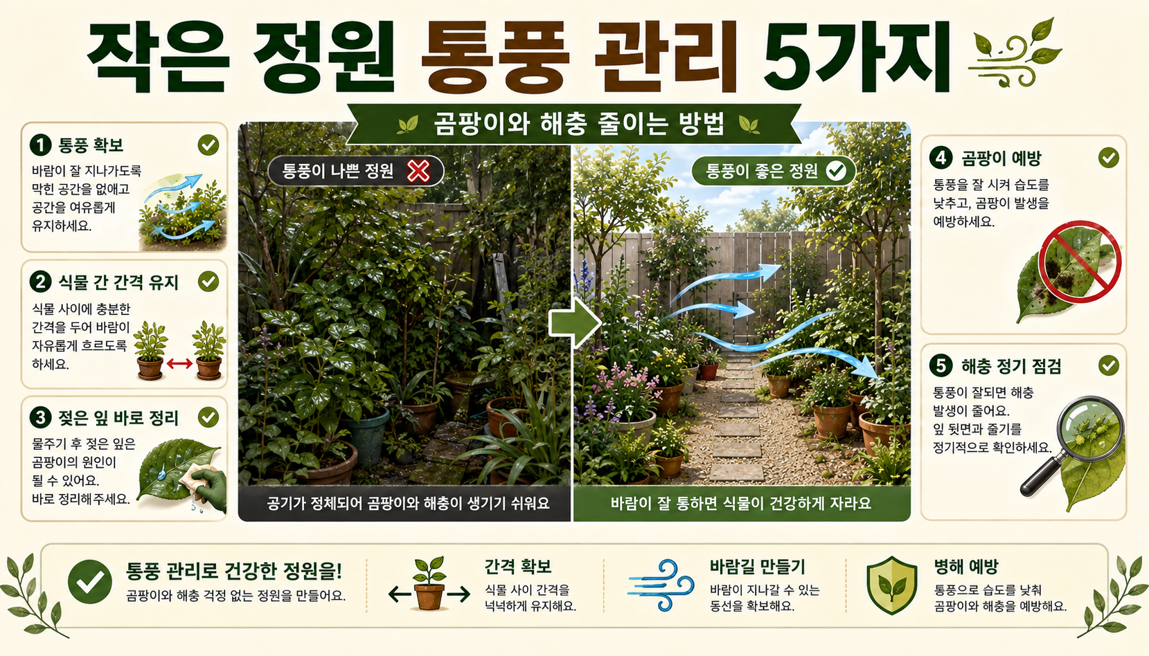 작은 정원에서 화분 간격과 가지 정리로 통풍을 확보하는 일러스트