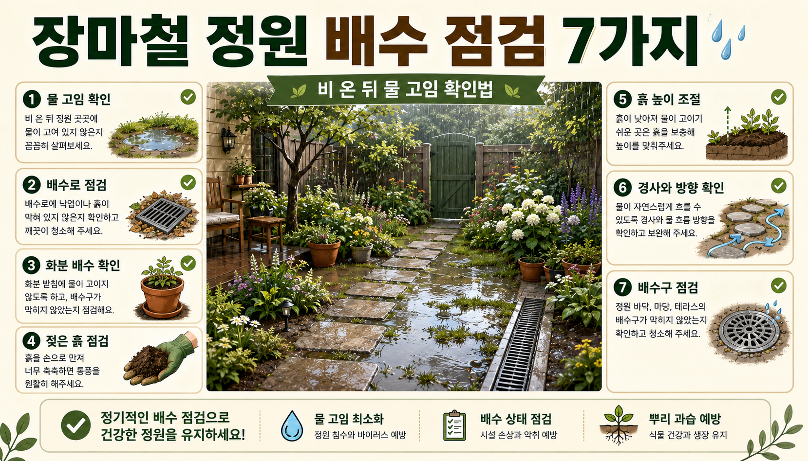 비 온 뒤 작은 정원에서 물 고임과 배수 방향을 확인하는 일러스트