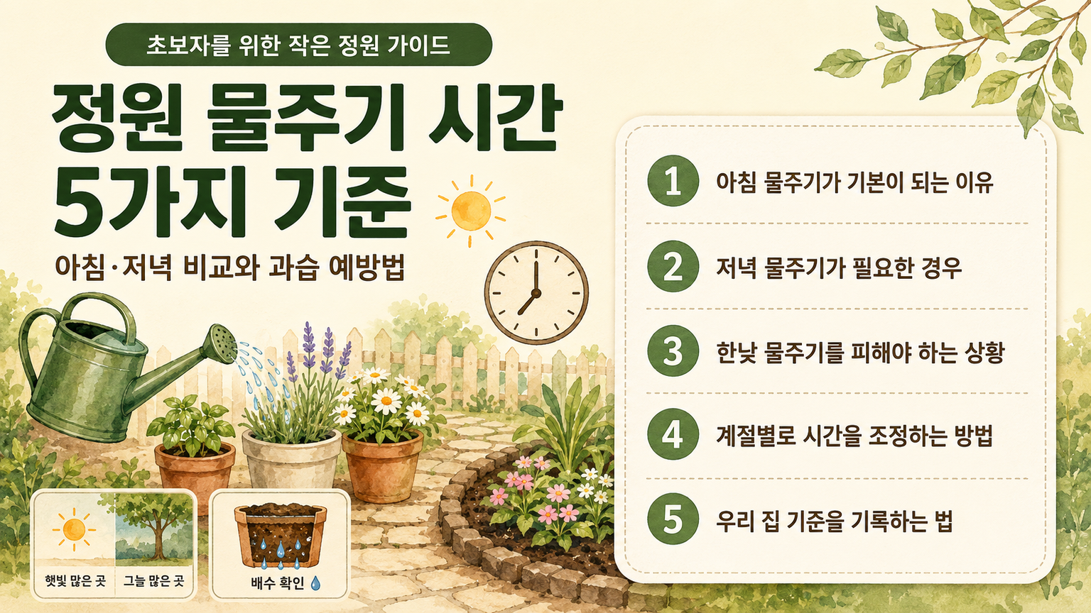 작은 정원에서 물조리개로 아침 물주기 기준과 과습 예방법을 설명하는 일러스트