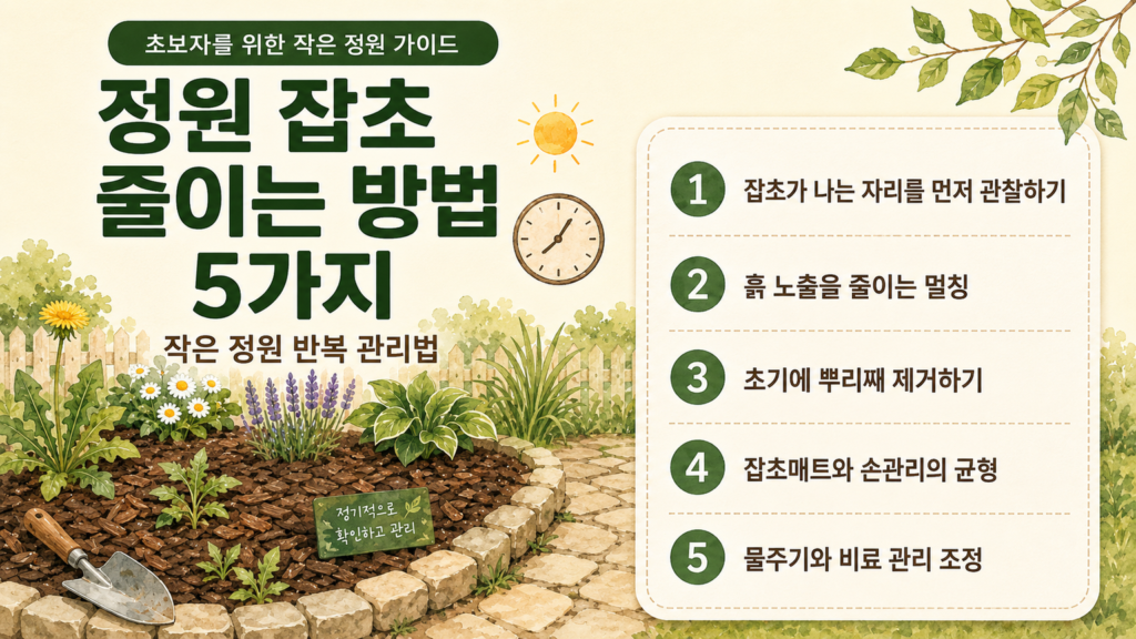 작은 정원 화단에서 멀칭과 손삽으로 잡초 줄이는 방법을 설명하는 일러스트