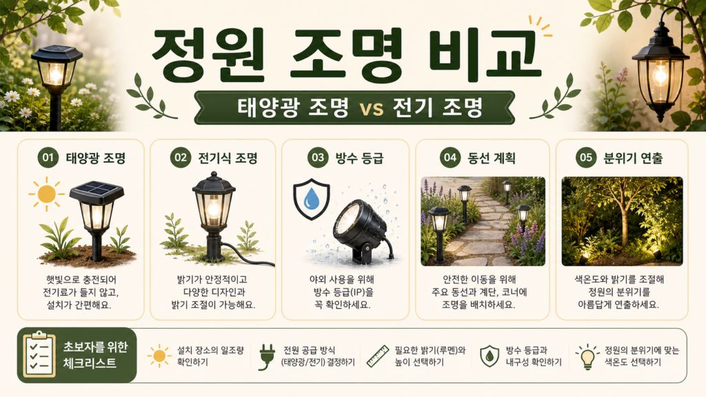 정원 조명 고르는 방법: 태양광 조명 vs 전기 조명