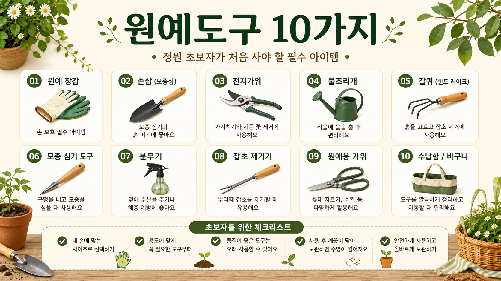 정원 초보자 원예도구 대표 이미지와 초보 홈가드닝 관리 기준