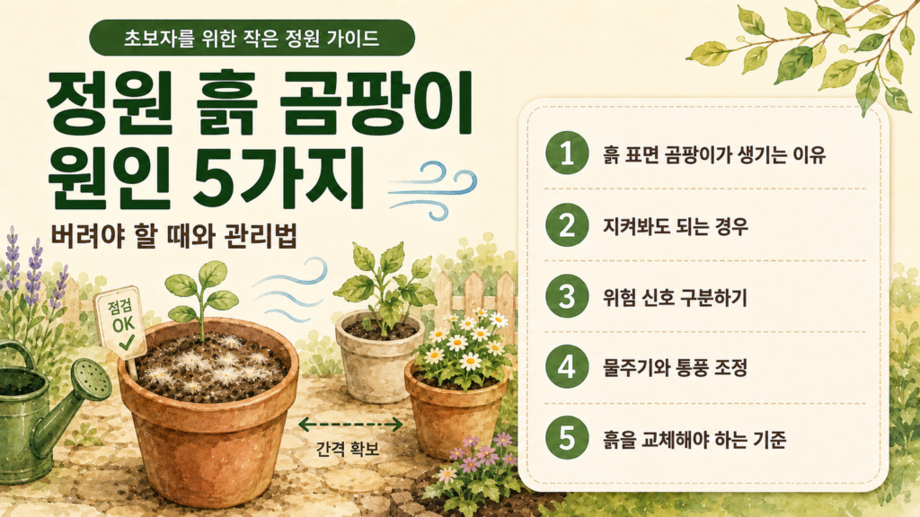 정원 흙 표면의 곰팡이 원인과 통풍 관리법을 설명하는 화분 일러스트