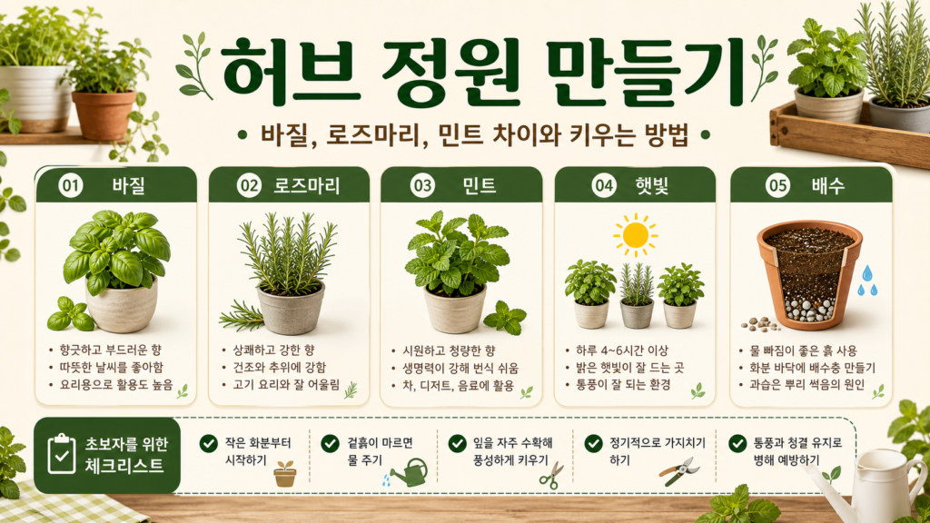 허브 정원 만들기: 바질, 로즈마리, 민트 차이