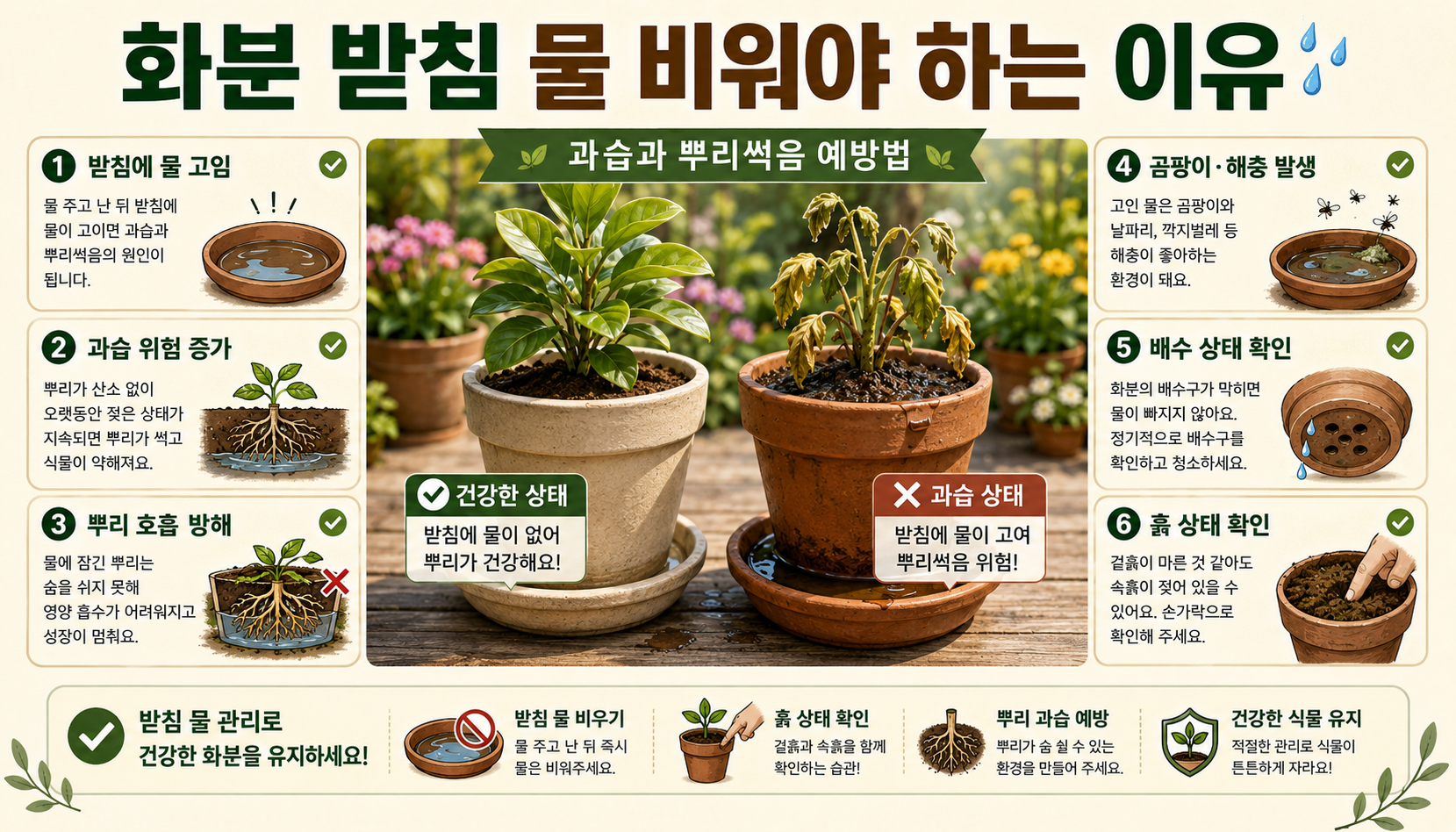 화분 받침에 고인 물을 비우며 과습을 예방하는 장면을 설명하는 일러스트