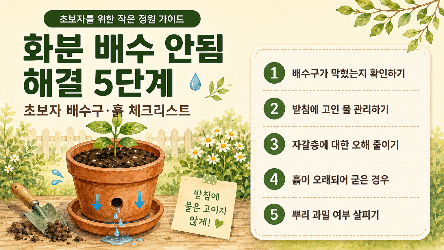 화분 아래 배수구와 받침 물을 확인하며 화분 배수 안됨 원인을 점검하는 일러스트