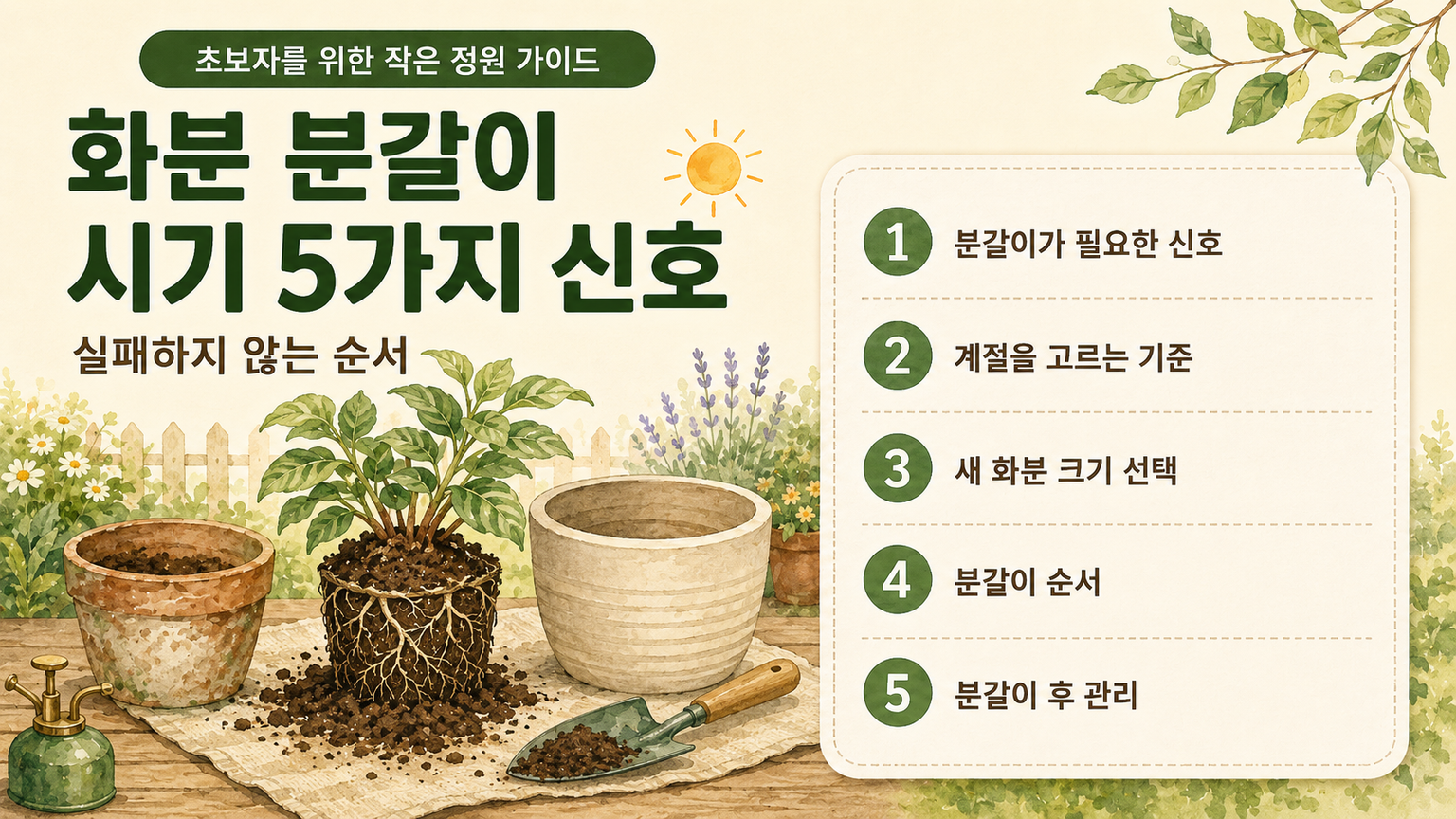 화분에서 식물을 꺼내 뿌리와 새 화분을 비교하며 분갈이 시기를 설명하는 일러스트