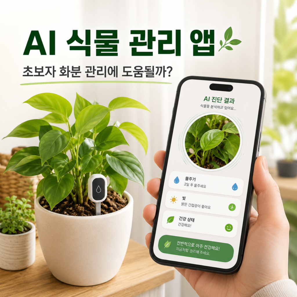 AI 식물 관리 앱으로 화분 잎 상태와 물주기 알림을 확인하는 모습