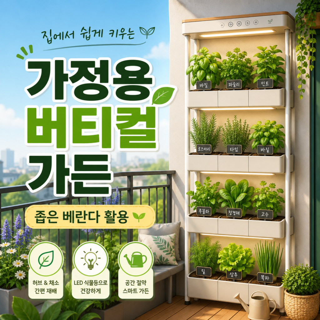 좁은 베란다에서 가정용 버티컬 가든 키트로 허브와 화분을 키우는 모습