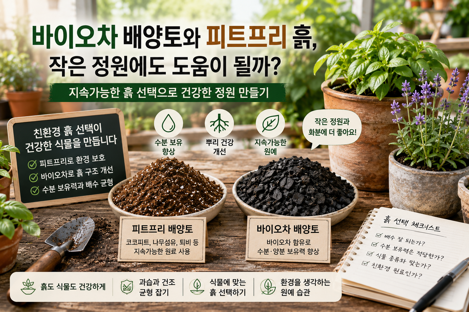 바이오차 배양토와 피트프리 흙을 화분과 작은 정원에 사용하는 모습
