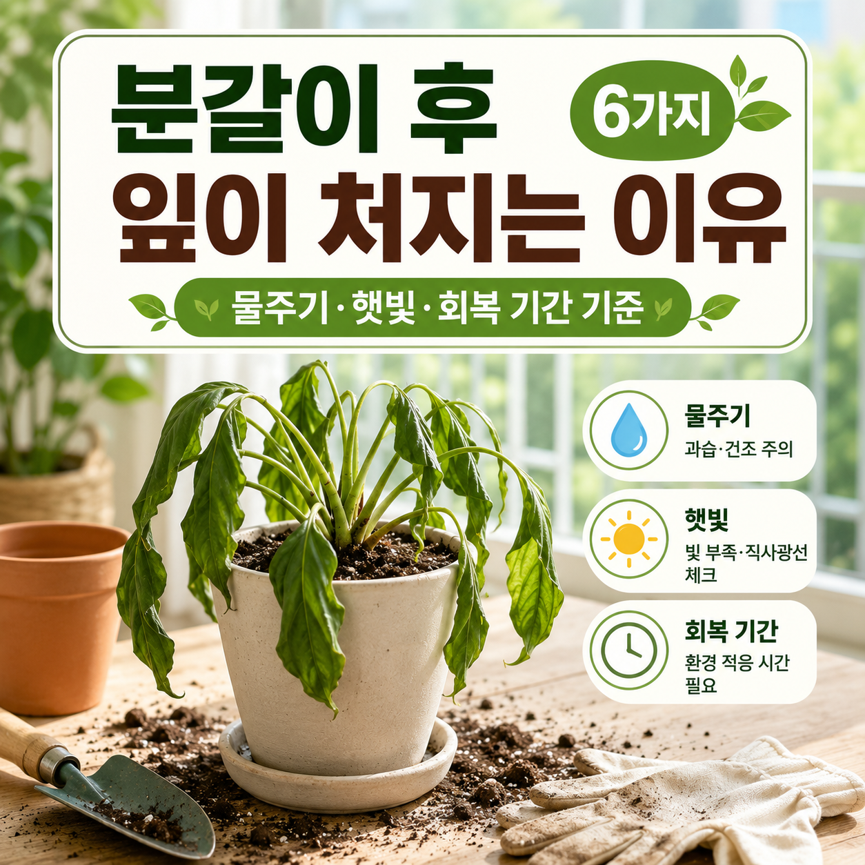 분갈이 직후 잎이 처진 화분을 밝은 그늘에서 관찰하며 흙 상태를 확인하는 장면
