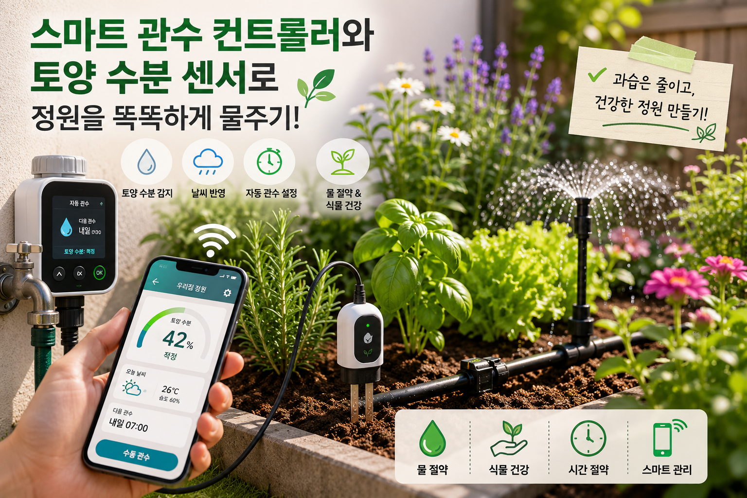 작은 정원에서 스마트 관수 컨트롤러와 토양 수분 센서로 물주기를 관리하는 모습
