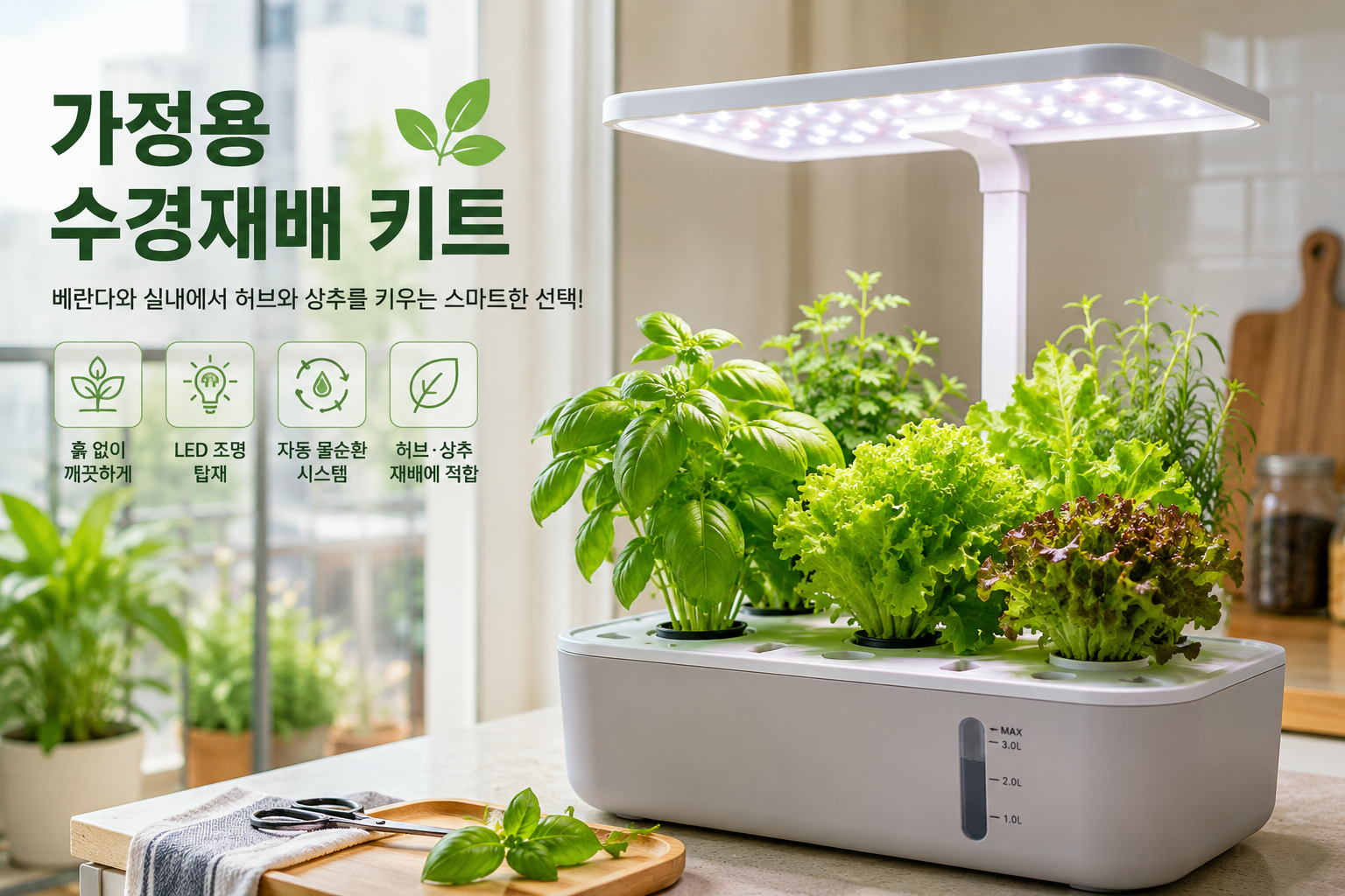 가정용 수경재배 키트에서 허브와 상추를 키우는 모습