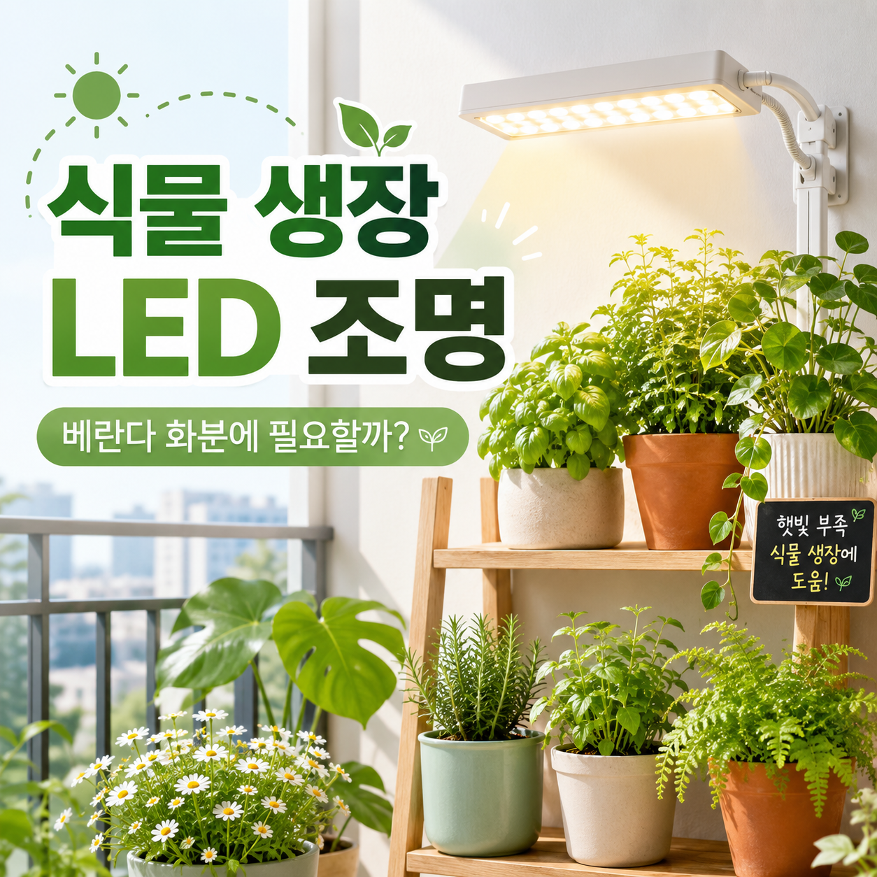 베란다 화분 위에 식물 생장 LED 조명을 설치해 햇빛 부족을 보완하는 모습