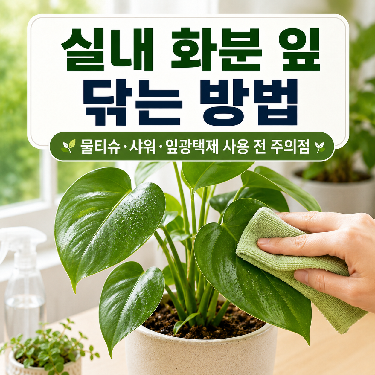 넓은 잎을 부드러운 젖은 천으로 닦고 잎 뒷면까지 확인하는 실내 화분 관리 장면