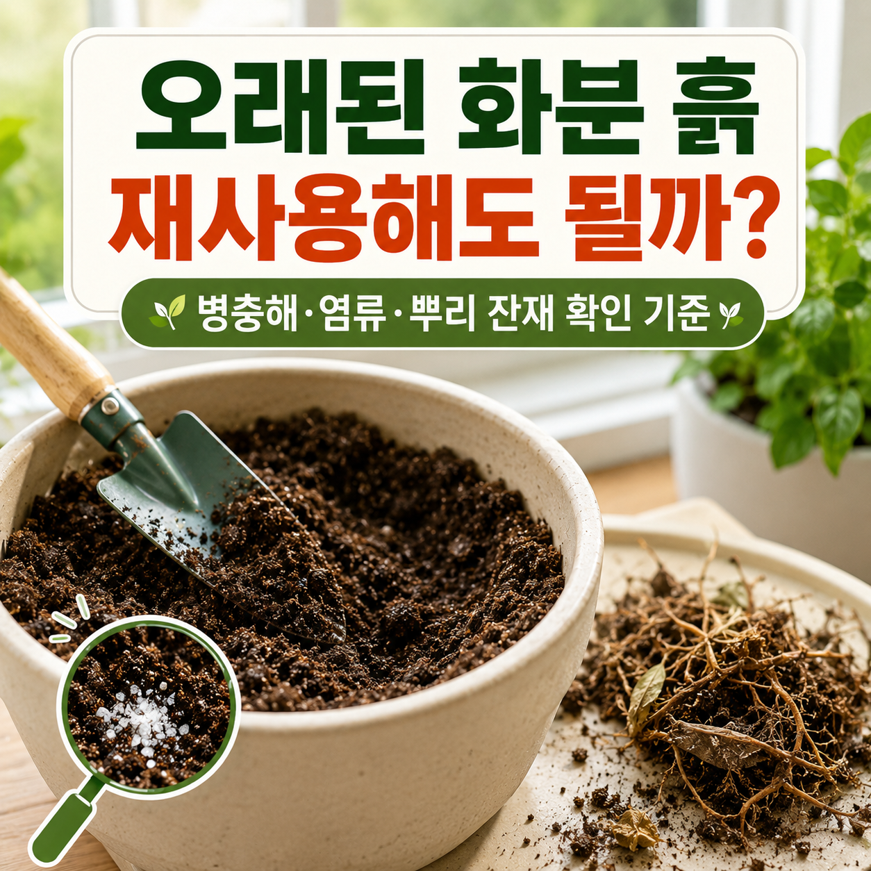 사용을 마친 화분 흙에서 뿌리와 굳은 덩어리를 골라내며 재사용 가능 여부를 확인하는 장면