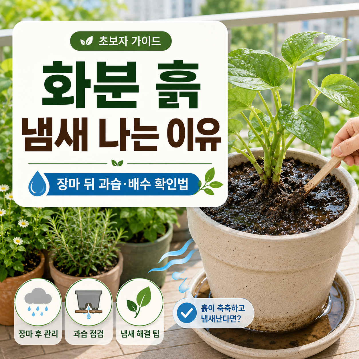 장마 뒤 냄새 나는 화분 흙과 배수 상태를 확인하는 베란다 화분 관리 장면
