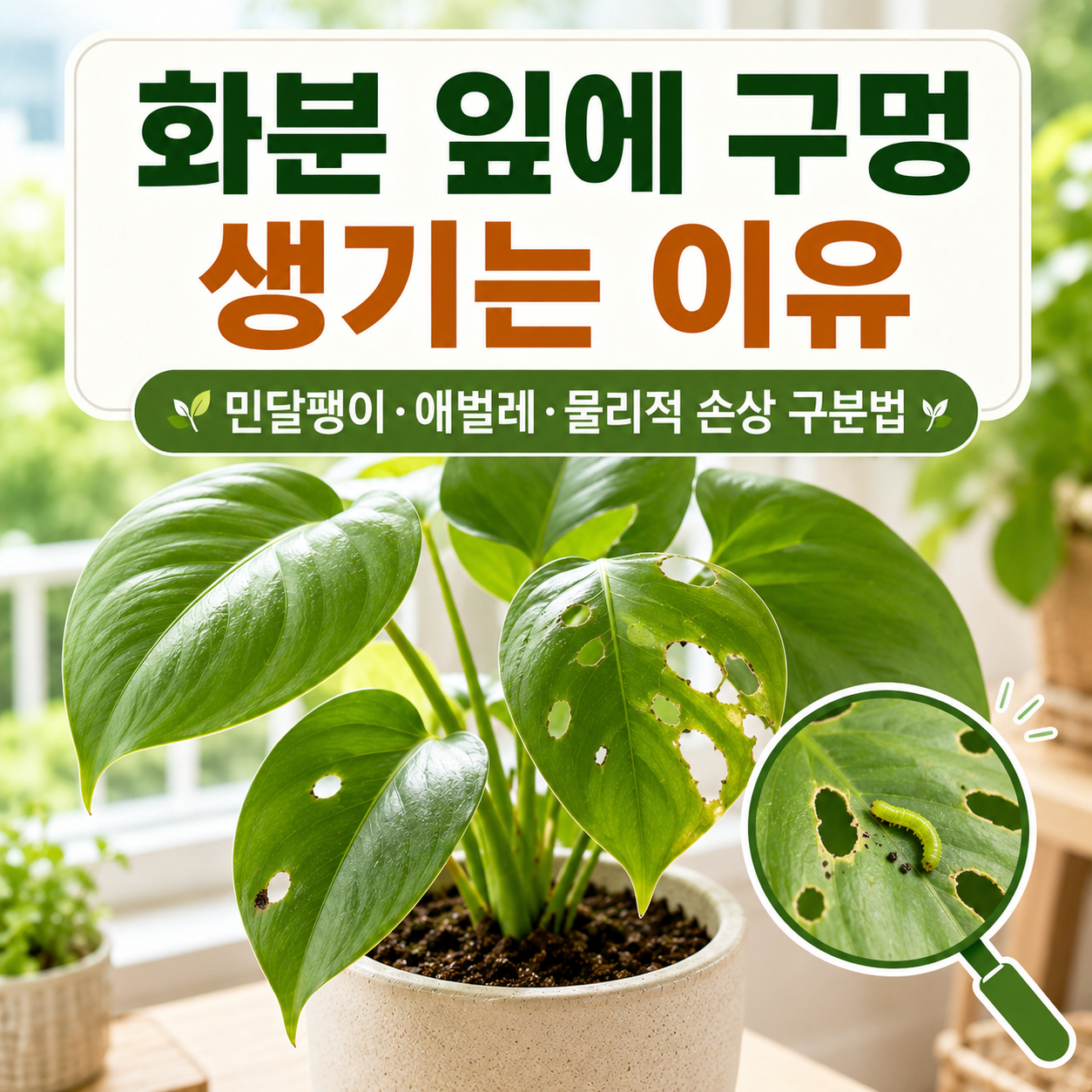 구멍 난 화분 잎의 앞면과 뒷면을 살펴보며 해충과 물리적 손상을 구분하는 장면