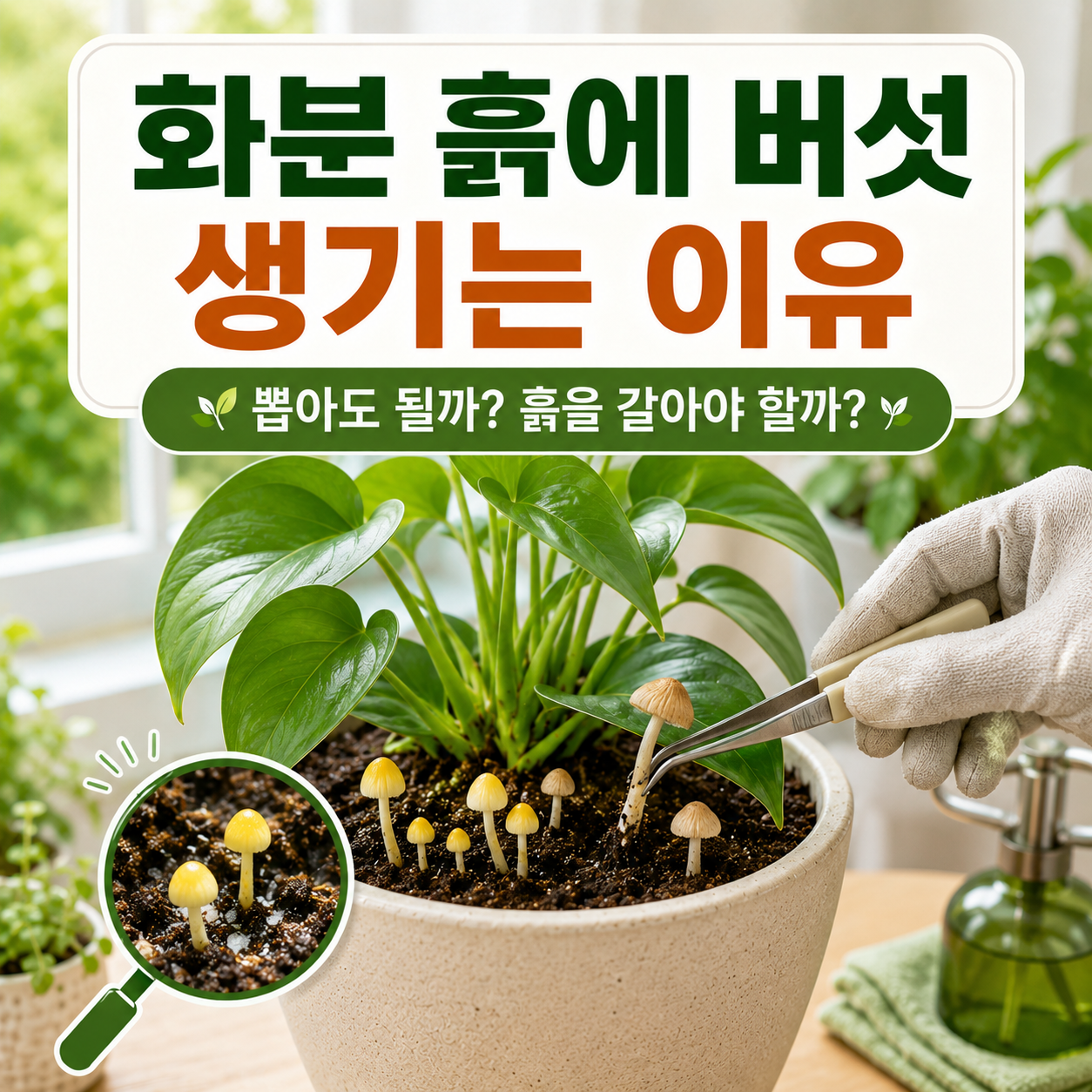 화분 흙 위에 올라온 작은 버섯을 장갑 낀 손으로 확인하며 흙 습도와 통풍을 점검하는 장면