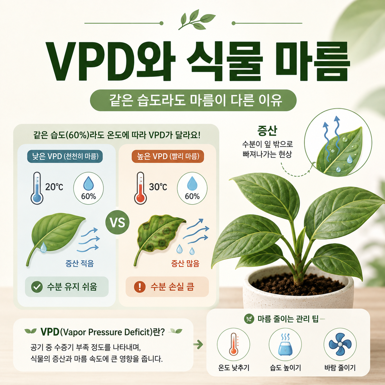 같은 습도에서 온도에 따라 식물의 증산과 마름 속도가 달라지는 VPD 비교 이미지