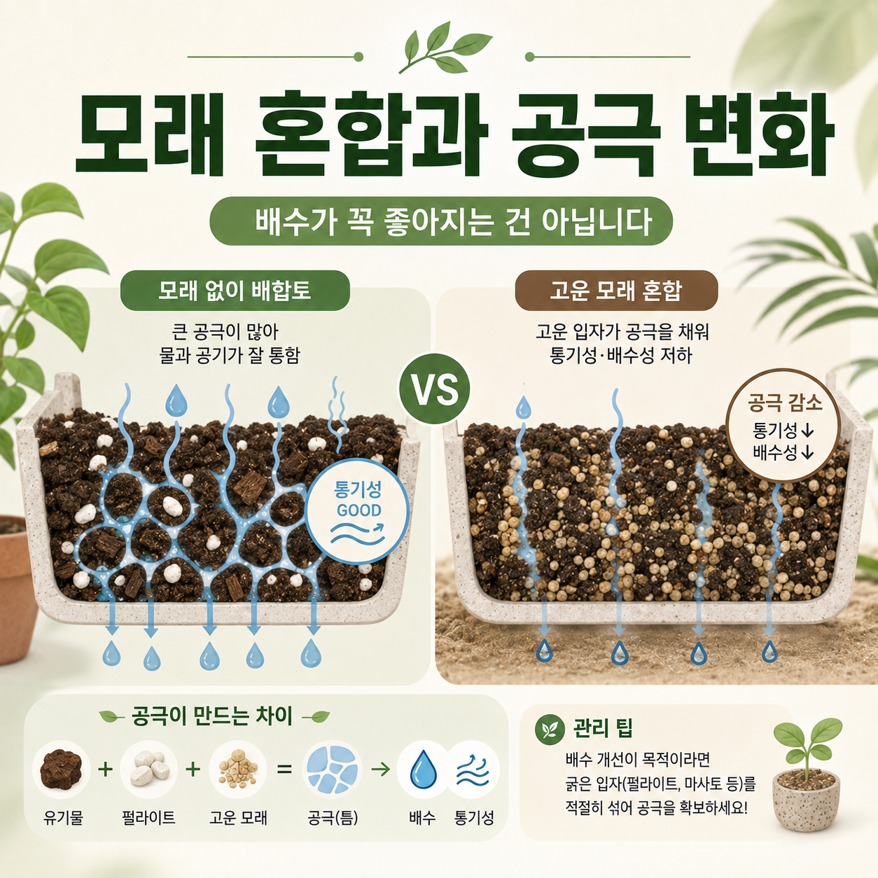화분 흙 모래를 섞기 전후의 공극과 물·공기 이동 차이를 비교한 이미지