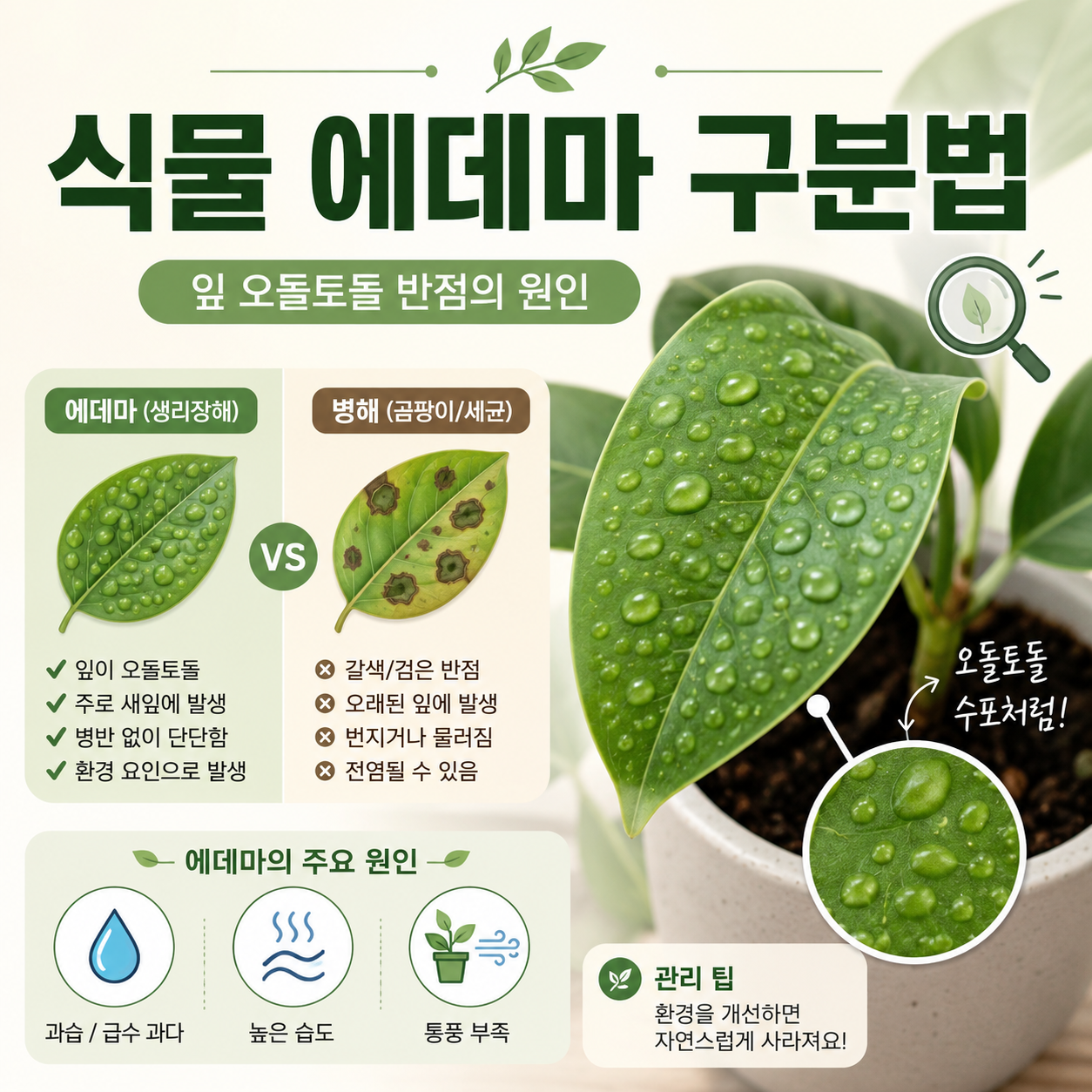 잎에 오돌토돌한 식물 에데마 반점과 곰팡이·세균성 병반을 비교한 이미지