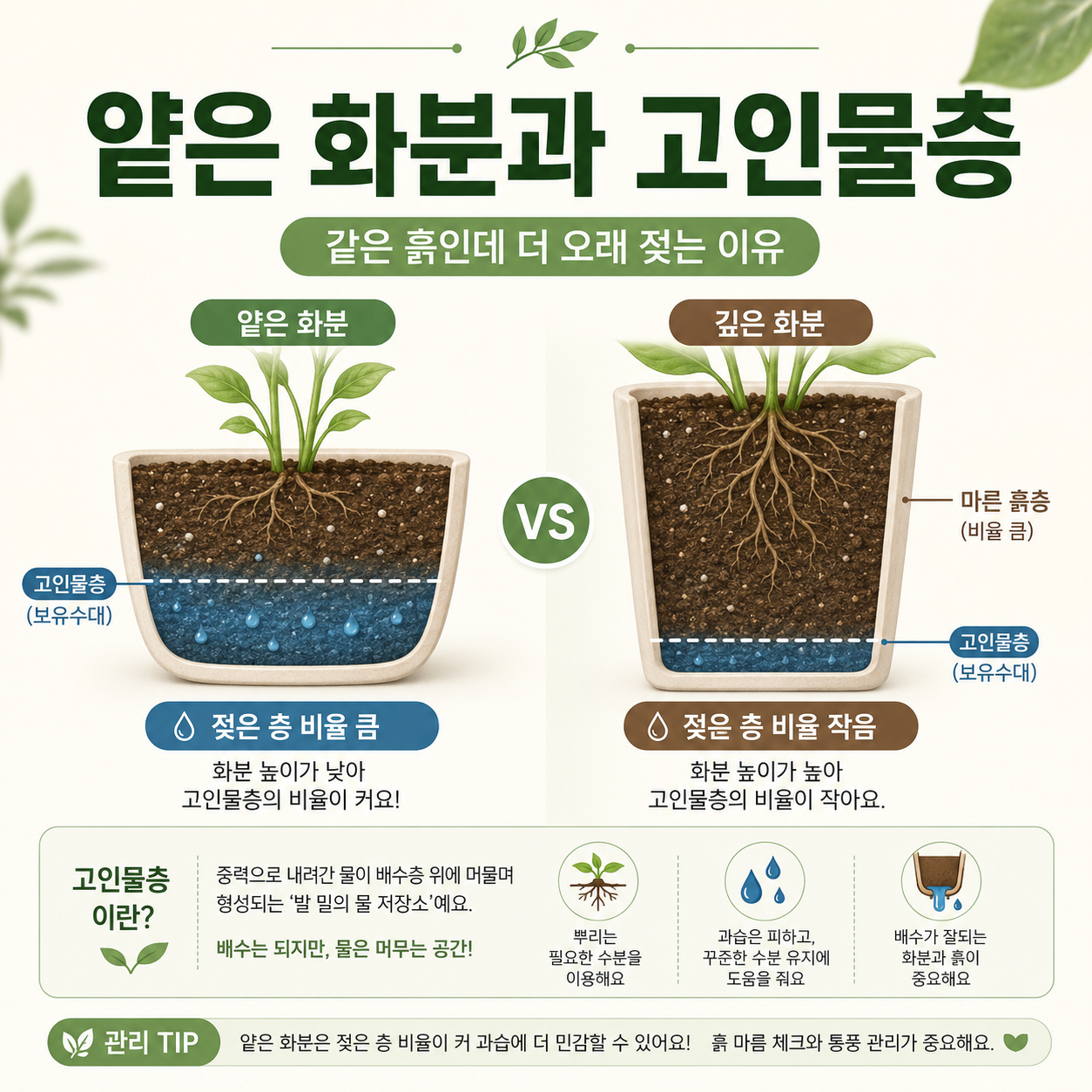 같은 흙을 담은 얕은 화분과 깊은 화분의 고인물층 비율을 비교한 단면 이미지