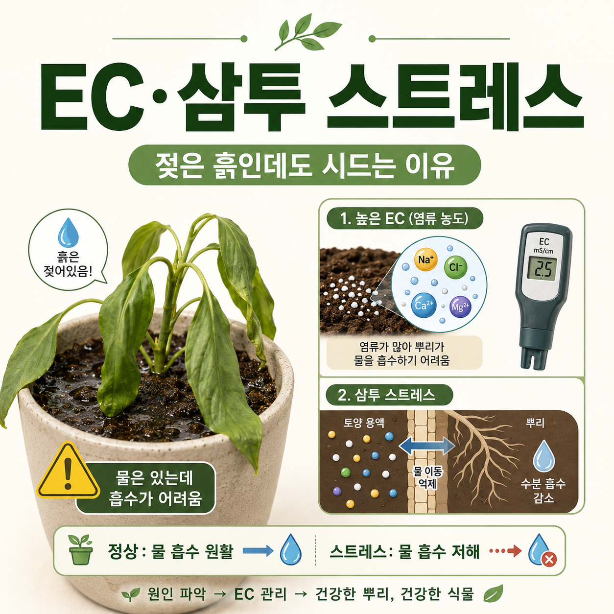 젖은 화분 흙에서 염류농도와 EC 가 높아 뿌리의 수분 흡수가 어려워지는 과정