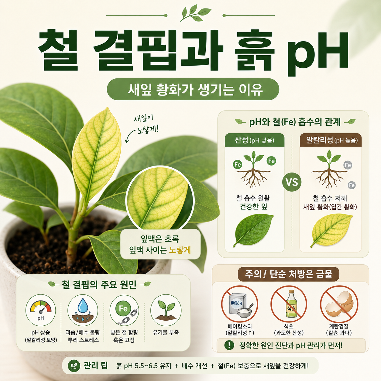 잎맥은 초록색이고 잎맥 사이가 노랗게 변한 새잎과 철 결핍 및 흙 pH의 관계