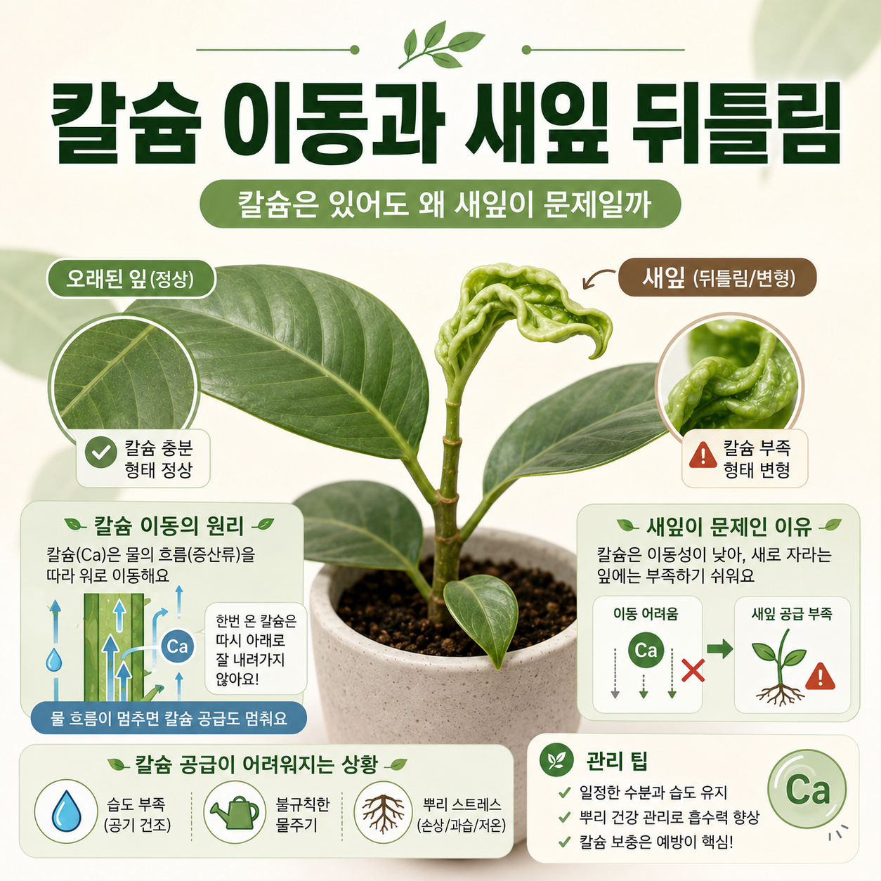 정상적인 오래된 잎과 칼슘 비료 공급이 원활하지 않아 뒤틀린 새잎을 비교한 이미지